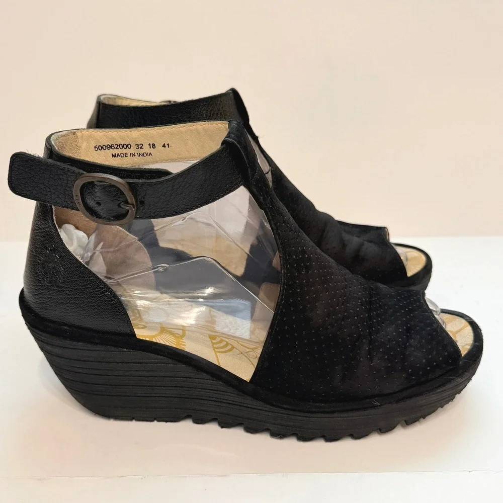 Fly London Yala Black Leather Suede Perforated Wedge Sandals Size 41 US 10-10.5